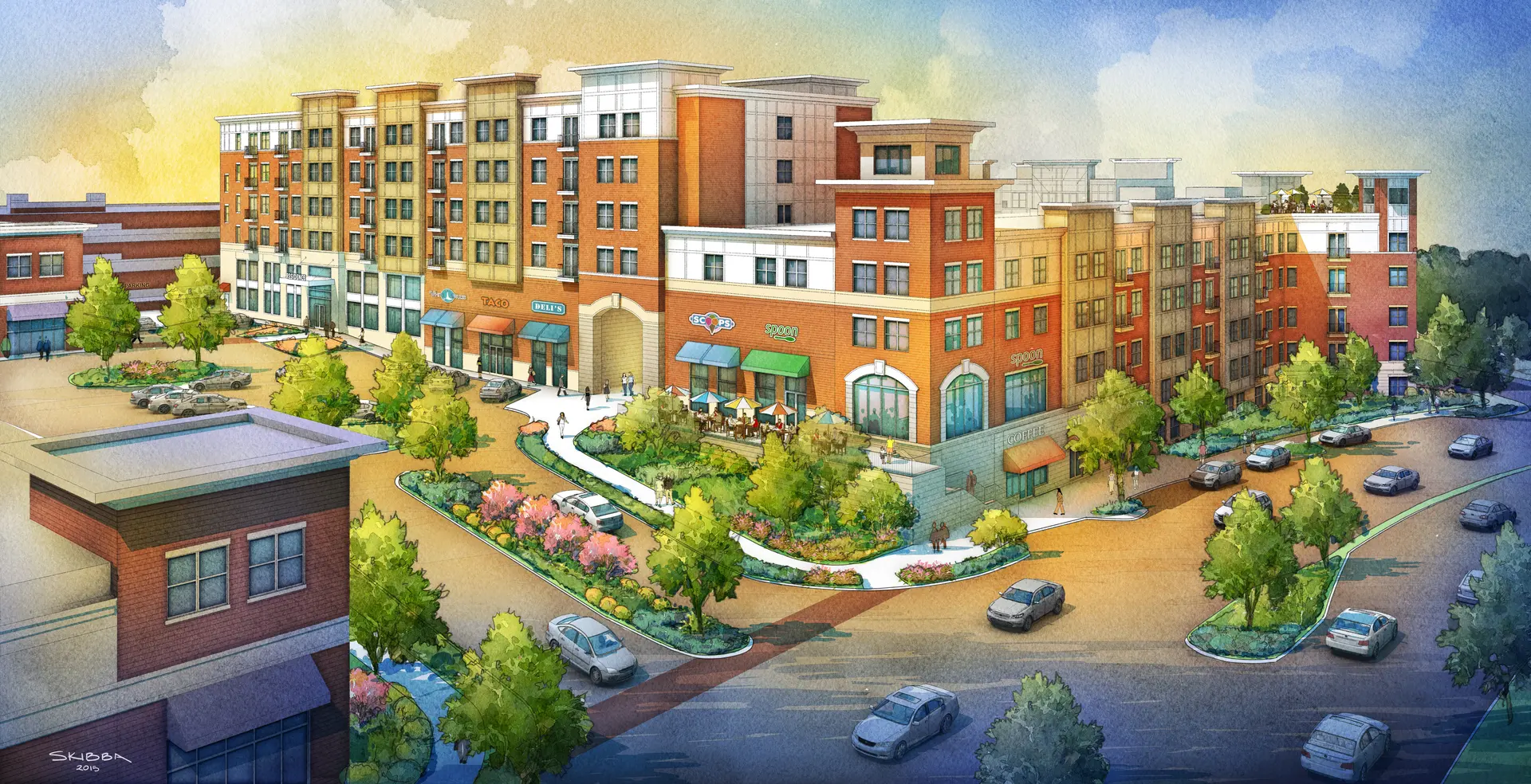 A painting of an urban area with cars parked on the side.