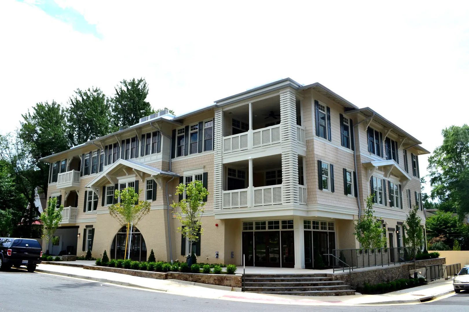 A large building with many windows and balconies.